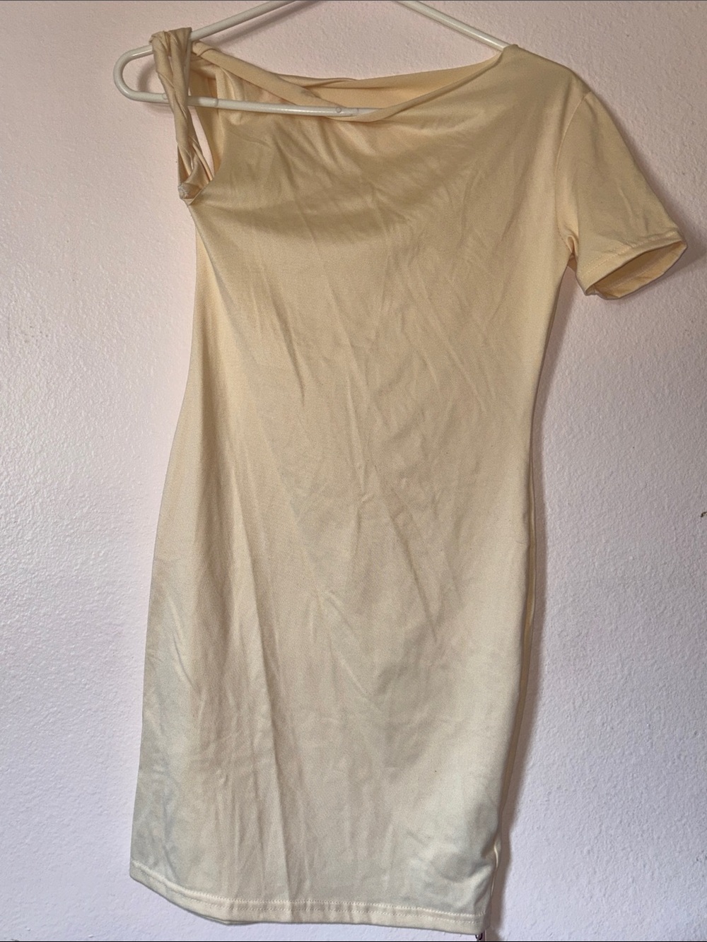 Woman’s One-Shoulder Short Sleeve Tee Shirt Midi Dress, Light Beige, Size S, NWT